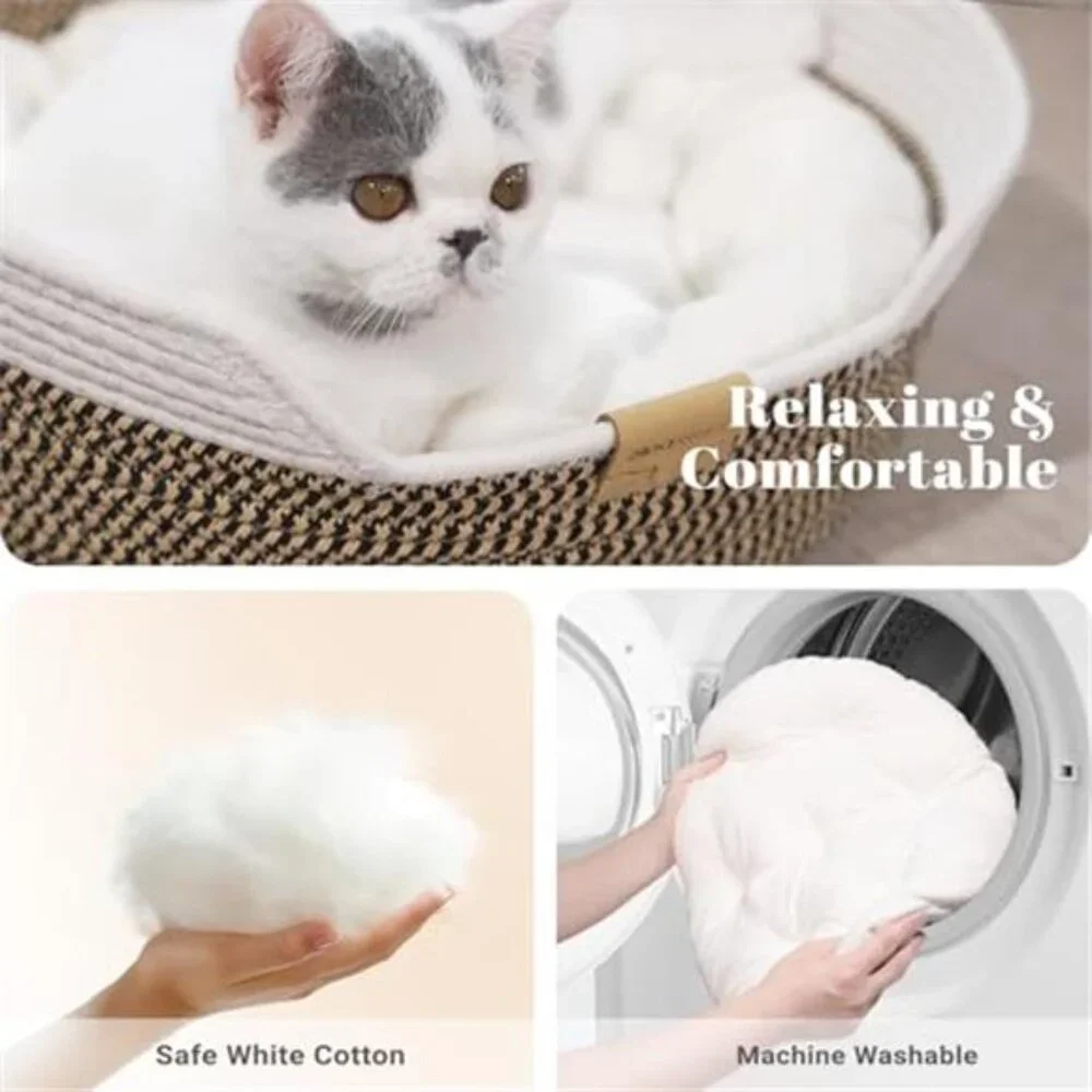 Cat Bed Basket with Cushion Indoor Cozy Kitten Bed Small Medium Large Pet